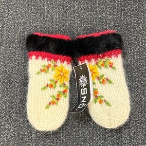 Embroidered Knit Mittens with Faux Fur Trim - Cream & Black